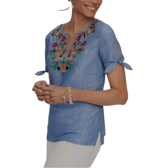 TALBOTS S/S Linen Blend Floral Embroidered Tie Sleeve Chambray Blouse SZ… - Picture 1 of 7